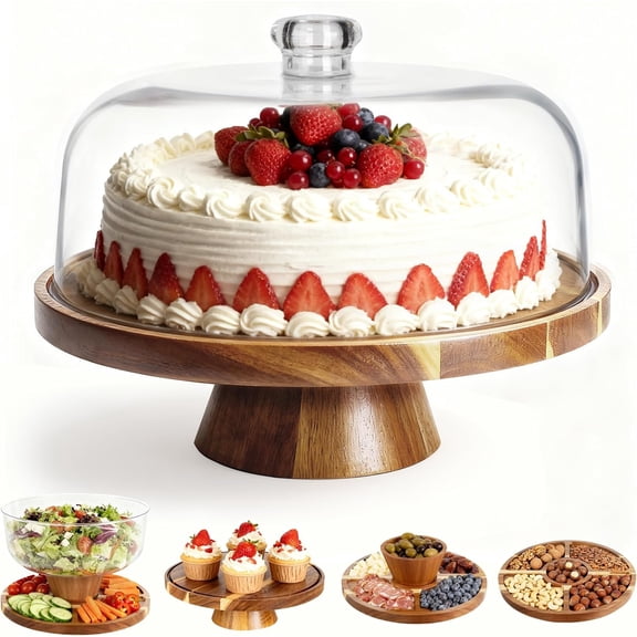Acacia Cake Stand with Lid, 2-in-1 Dessert Table Display Set & Charcuterie Board with 12In Dome, Serving Platter, Fruit Platter, Cake Plate