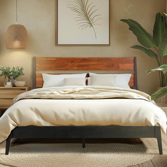 Acacia Callisto Solid Wood Bed Frame with Headboard, Signature Headboard Wood Bed, Queen - Black
