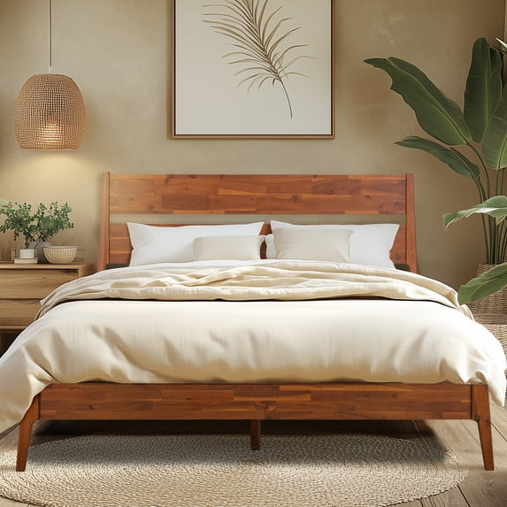 Acacia Callisto Solid Wood Bed Frame with Headboard, Signature Headboard Wood Bed, Queen - Walnut