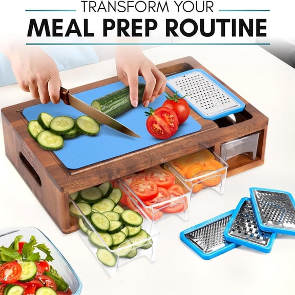 Acacia Cutting Board with Containers & Lids - Board Meal Prep System w 4 Graters, 2 Plastic Chopping Board for Meat, Juice Grooves & More - Cutting Board Prep Station for Kitchen