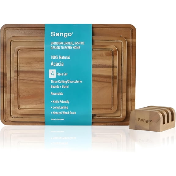 Acacia Cutting Board Set with Juice Grooves and Stand, 3-Piece- Wood Chopping Boards, Stackable & Reversible for Kitchen, Non-Toxic, Perfect as Butcher Block Countertop, Atelier