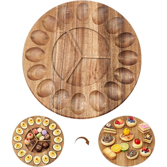 Acacia Deviled Egg Tray, 16-Hole Serving Platter | Double-Sided Design, Center Serving Compartment, Grain, Suitable for Eggs, Appetizers, Parties & Holiday Serving