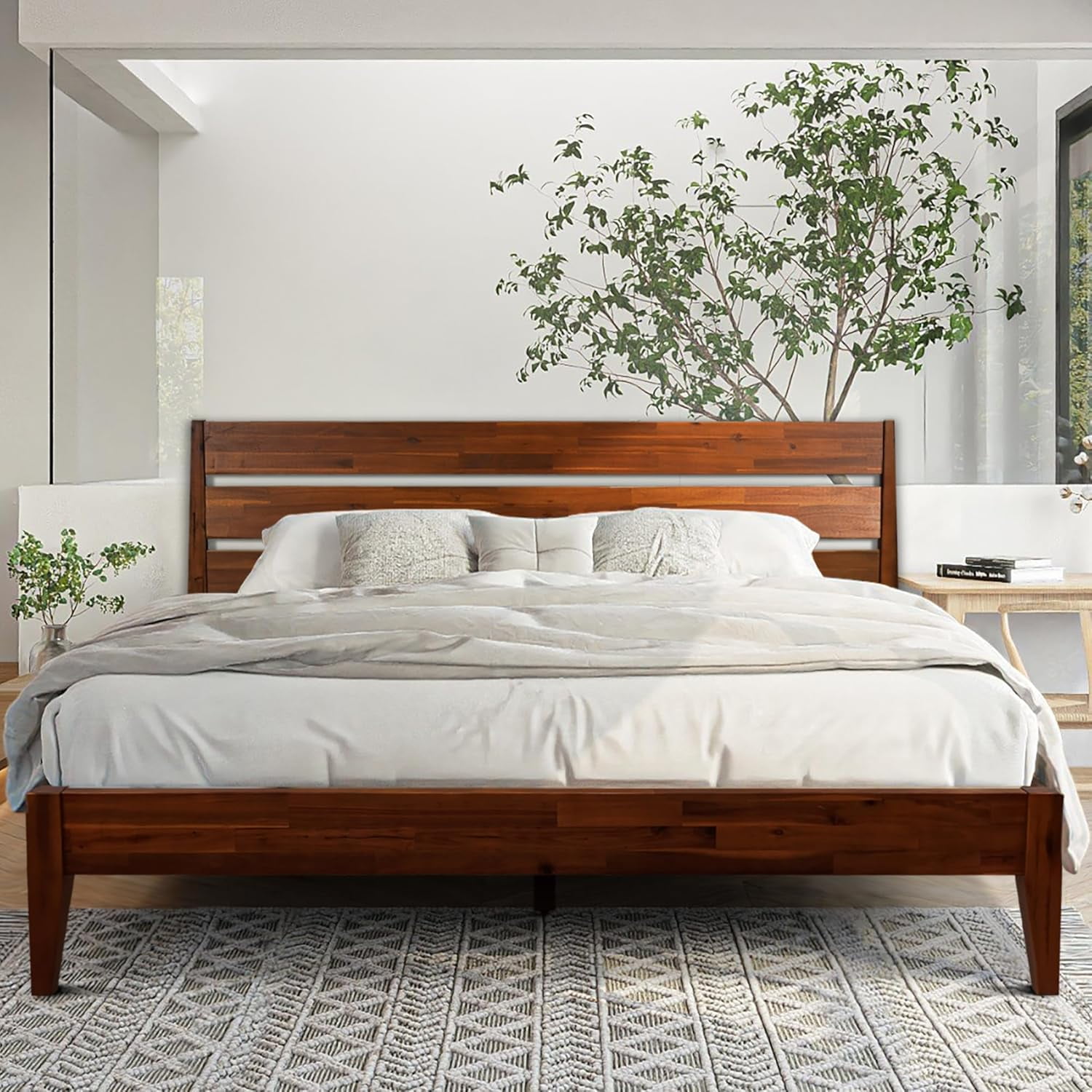 Acacia Emery Bed Frame with Headboard Solid Wood Platform Bed, King