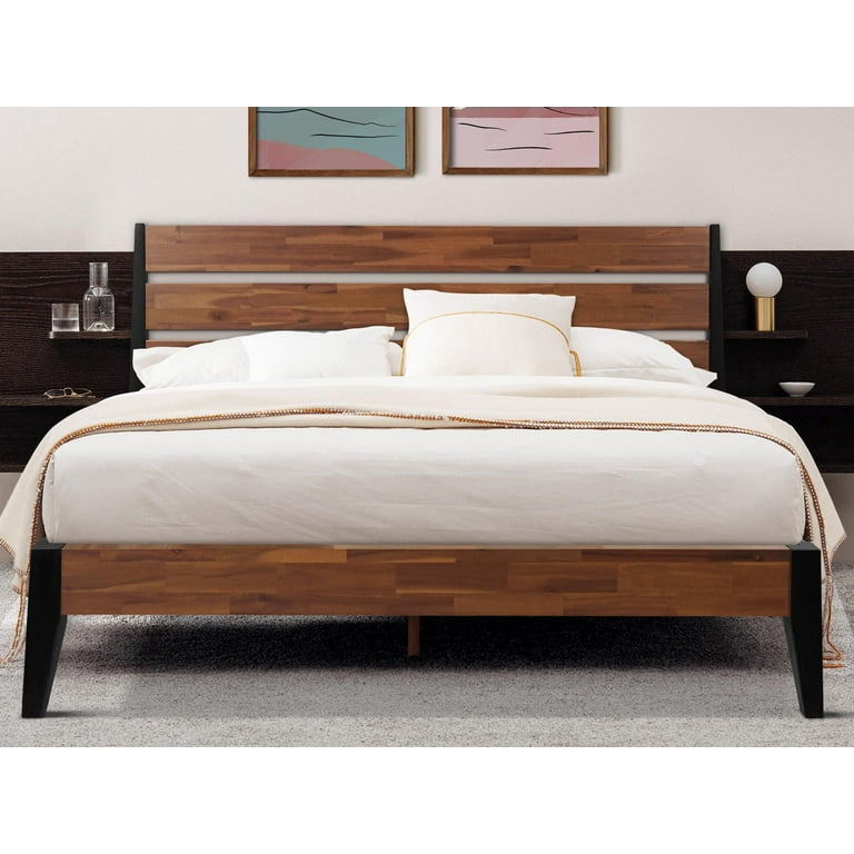 Acacia Emery Bed Frame with Headboard Solid Wood Platform Bed Queen Bed Frame Scandinavian Signature Wood Bed Compatible with All Mattress Types