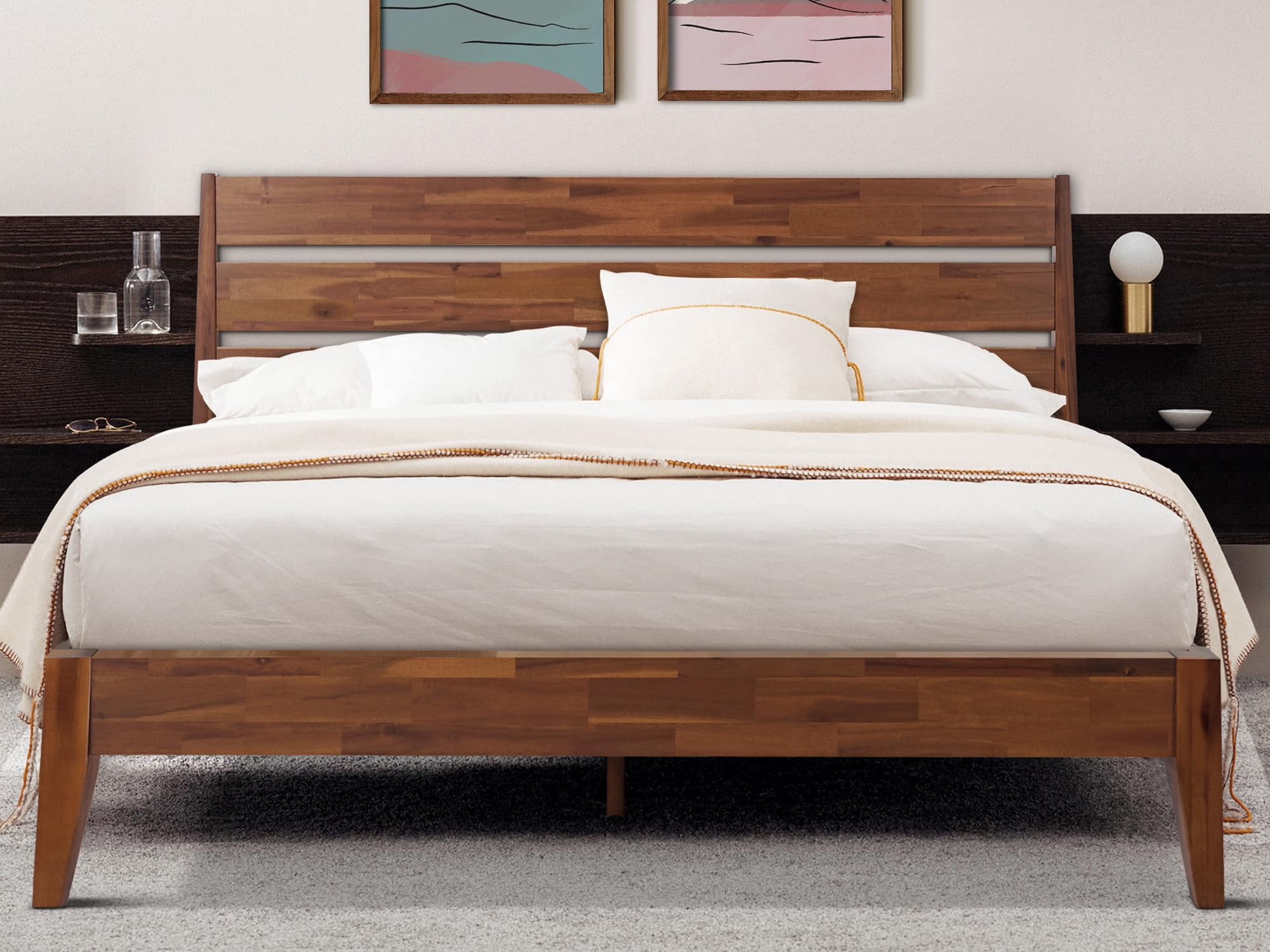 Walnut Queen Solid Wood Platform Bed with Headboard