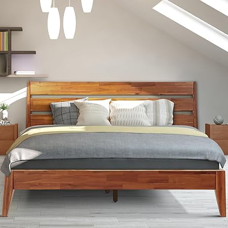 Acacia Caramel King Solid Wood Platform Bed Frame with Headboard