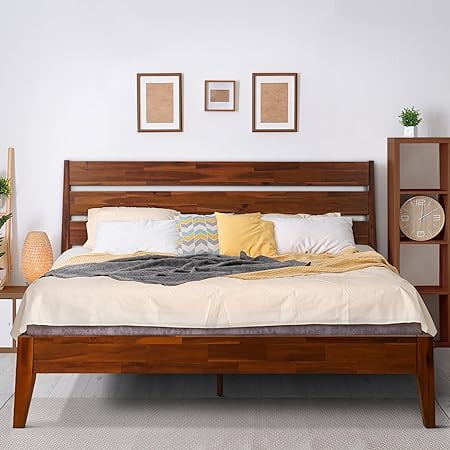 Caramel Acacia Wood Queen Platform Bed Frame with Headboard