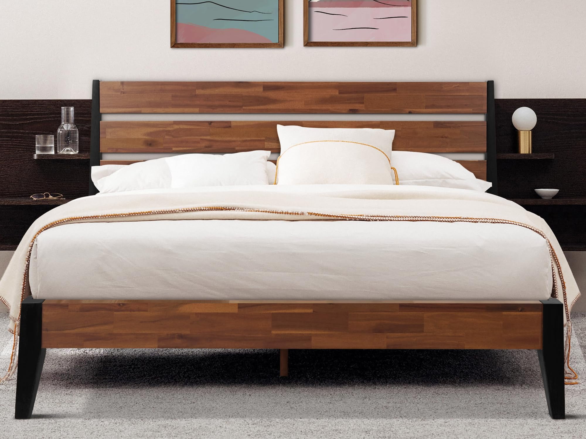 Queen Acacia Wood Platform Bed Frame with Headboard