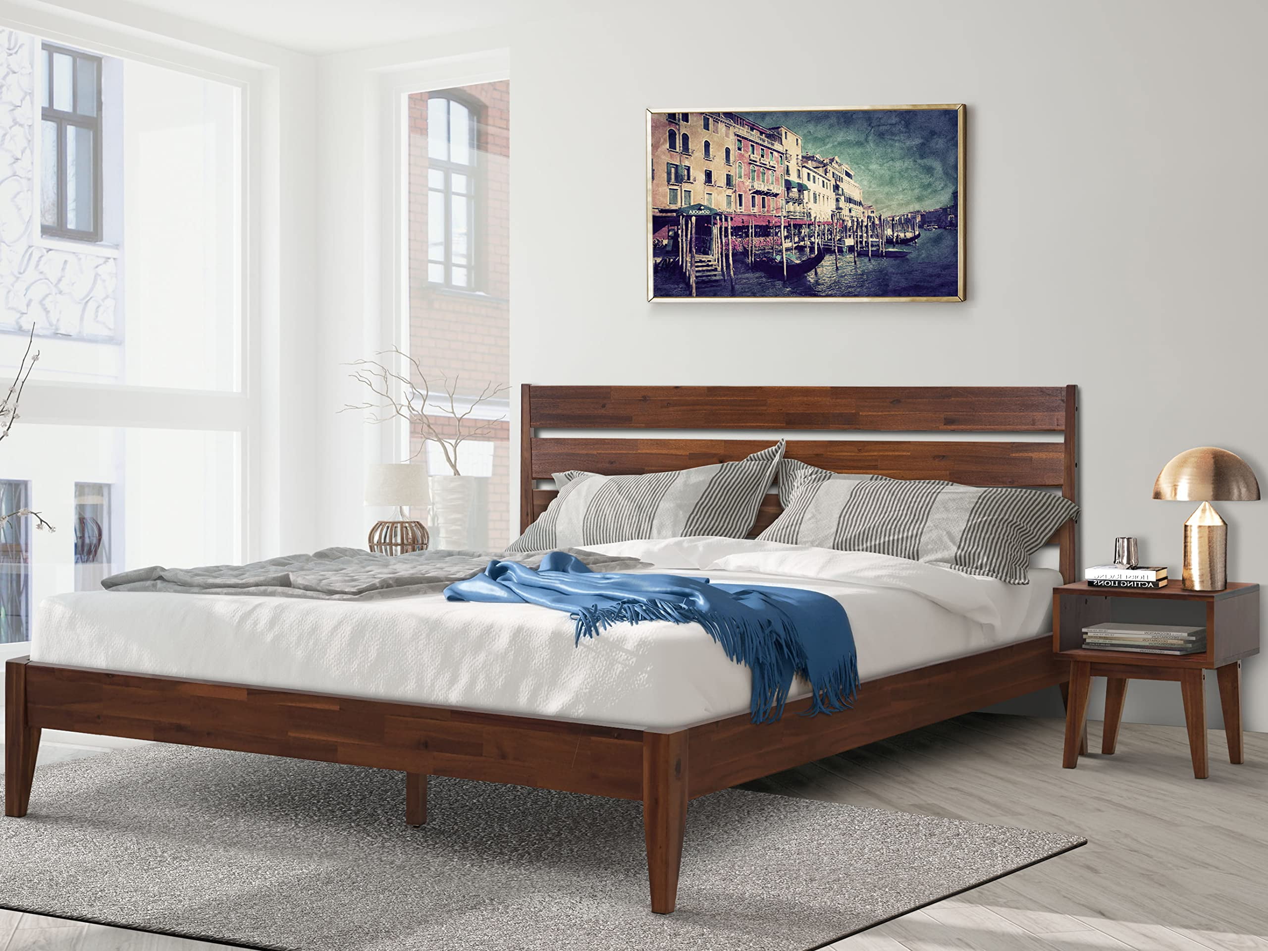 Acacia Emery Solid Wood Bed with High Headboard Platform Bed, Bedroom