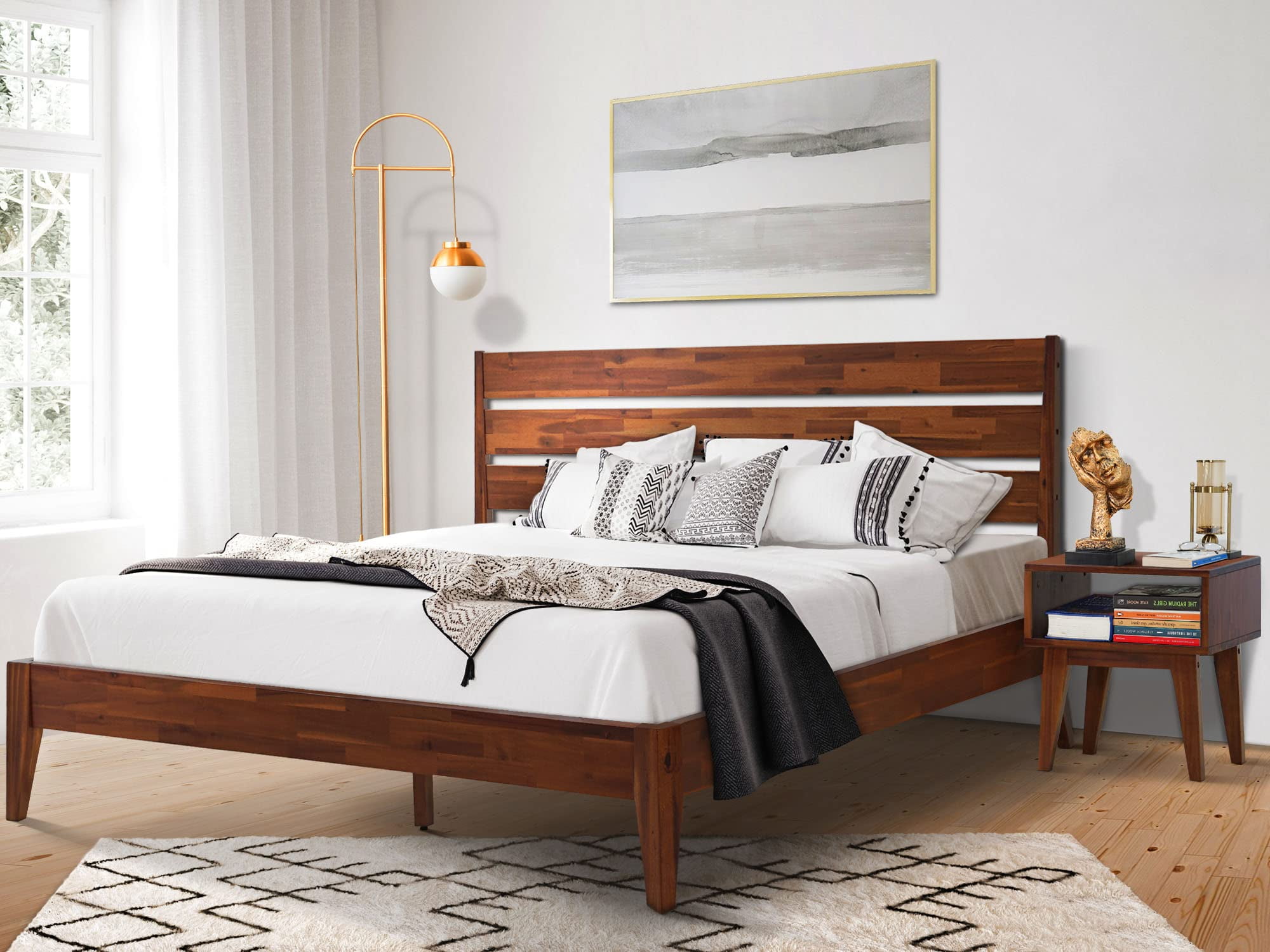 Acacia Emery Solid Wood Bed with High Headboard Platform Bed, Bedroom