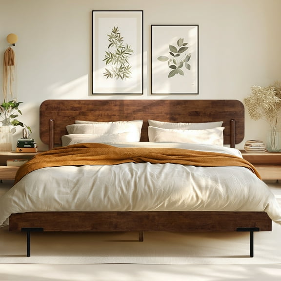 Acacia Frida Bed Frame with Headboard Solid Wood Platform Bed, 800 lbs Capacity Signature High Headboard Wood Bed Compatible with All Mattress Types, 30 Mins Assembly, Bed Frame Queen Size, Walnut