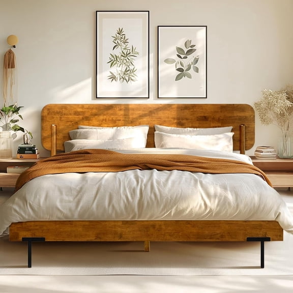 Acacia Frida Bed Frame with Headboard Solid Wood Platform Bed, Queen Bed Frame Tall Headboard Natural Wood Bed Compatible with All Mattress Types, No Box Spring Needed, Quick & Easy Assembly, Caramel