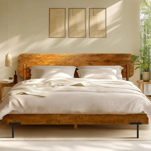 Acacia Frida King Size Bed Frame and Headboard Solid Wood Platform Bed, King Bed Frame 800 lbs Capacity, Scandinavian Signature Wood Bed Compatible with All Mattresses, Non-Slip Noise-Free, Caramel