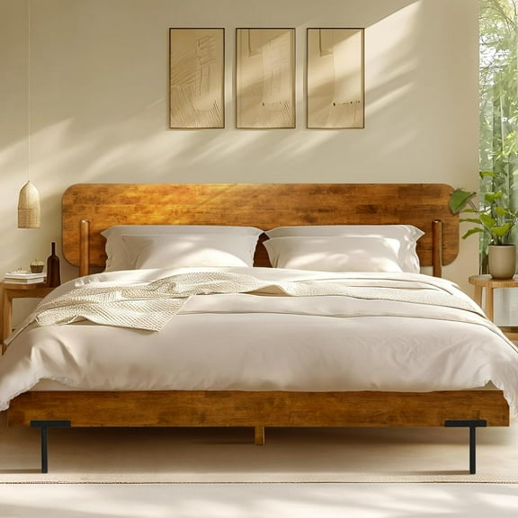 Acacia Frida King Size Bed Frame and Headboard Solid Wood Platform Bed, King Bed Frame 800 lbs Capacity, Scandinavian Signature Wood Bed Compatible with All Mattresses, Non-Slip Noise-Free, Caramel