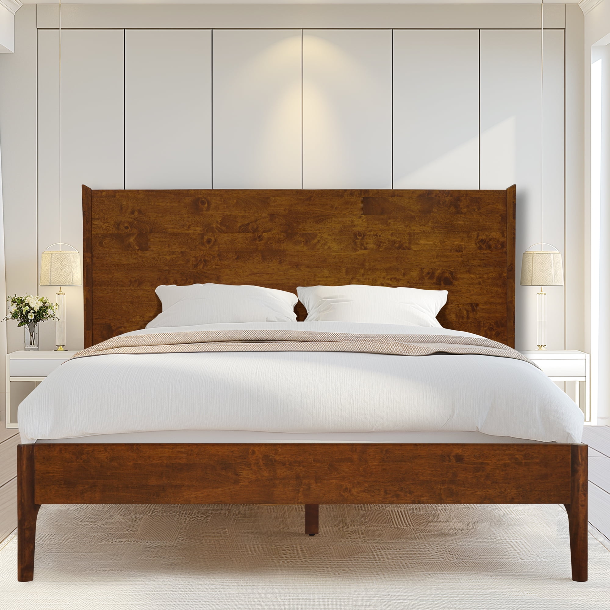 Acacia Haven King Size Bed Frame and Headboard Solid Wood Platform Bed, King Bed Frame 800 lbs Capacity, Scandinavian Signature Wood Bed Compatible with All Mattresses, Walnut