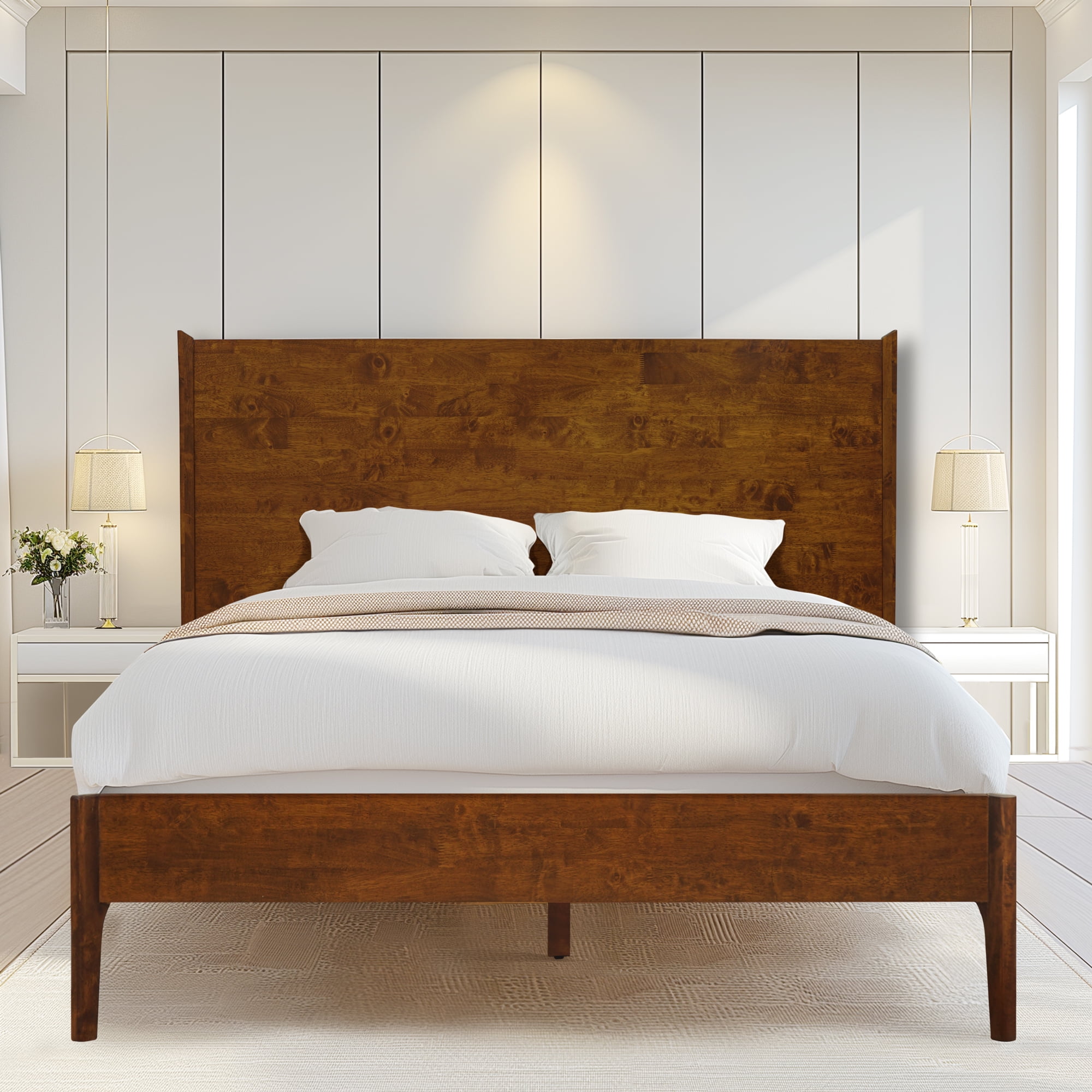 Acacia Haven Queen Size Bed Frame and Headboard Solid Wood Platform Bed, Queen Bed Frame 800 lbs Capacity, Scandinavian Signature Wood Bed Compatible with All Mattresses, Walnut