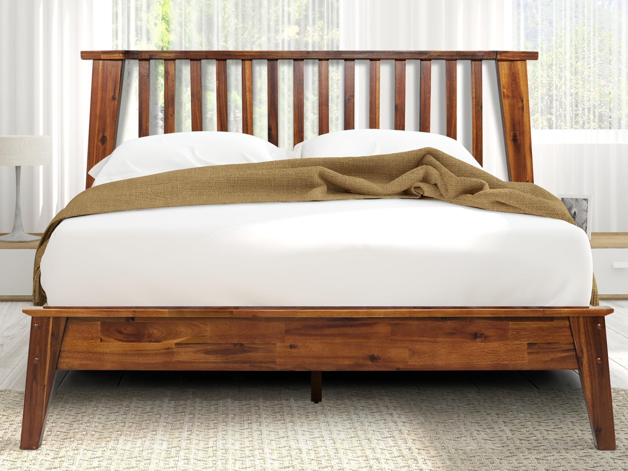 Walnut Acacia Queen Platform Bed with Slatted Headboard