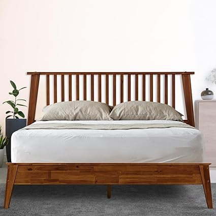 Queen Chocolate Acacia Wood Platform Bed Frame with Slatted Headboard