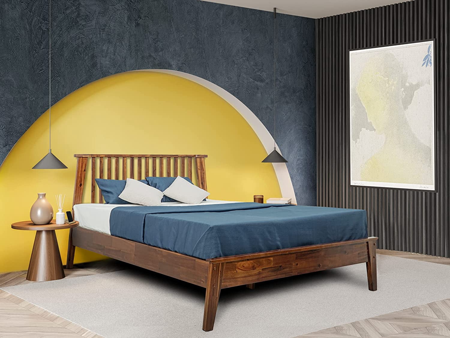 Acacia Kaylin Wooden Bed Frame with Headboard Solid Wood Platform Bed