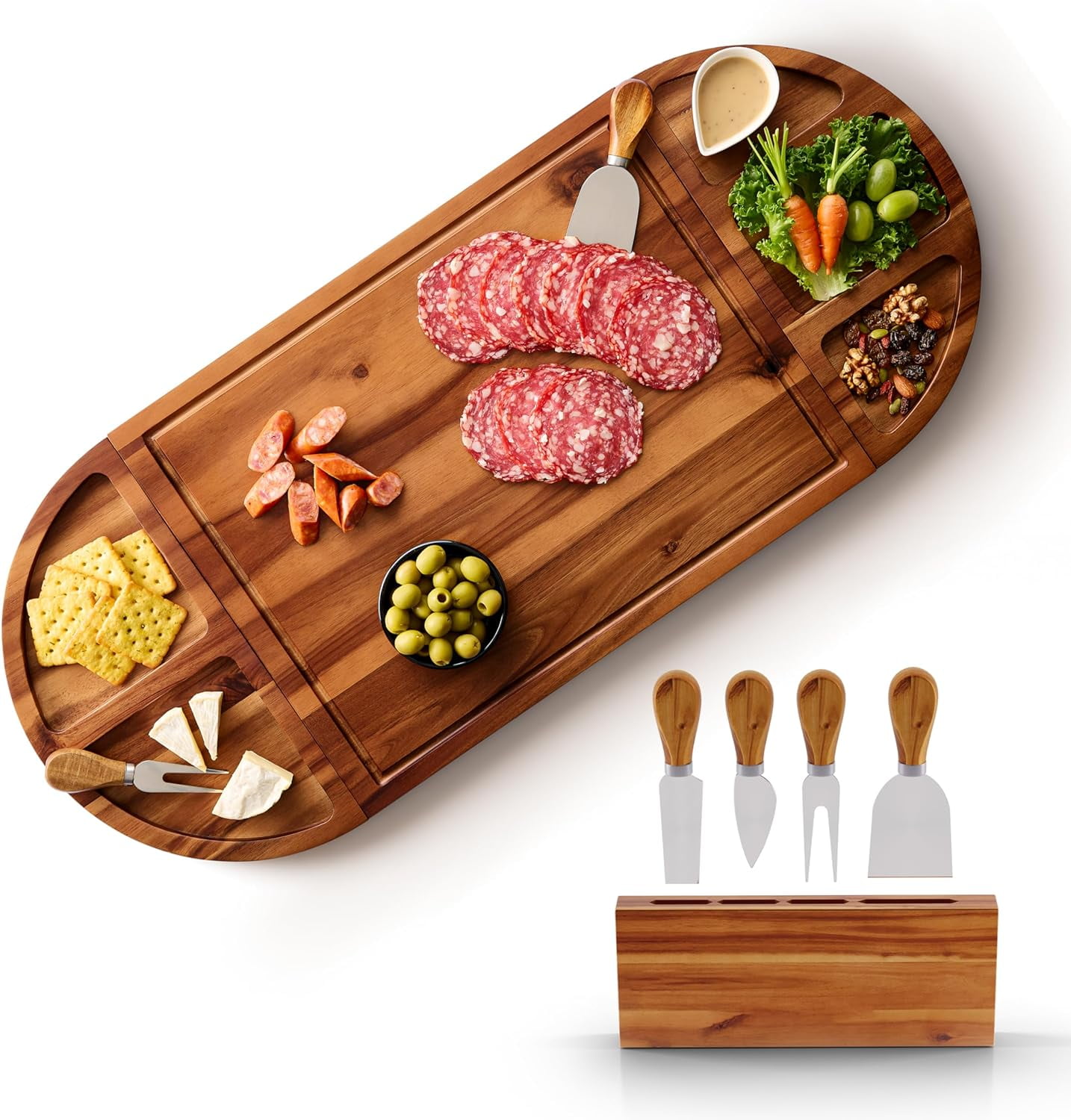 Acacia Large Charcuterie Board & 4 Knives Set - 3 Part Long & Round ...