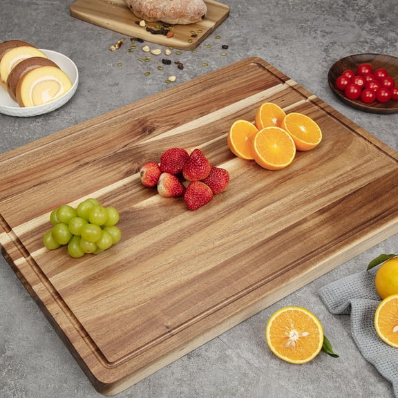 Acacia Large Wood Cutting Boards for Kitchen with Side Handles & Juice Grooves, Reversible Wooden Kitchen Block