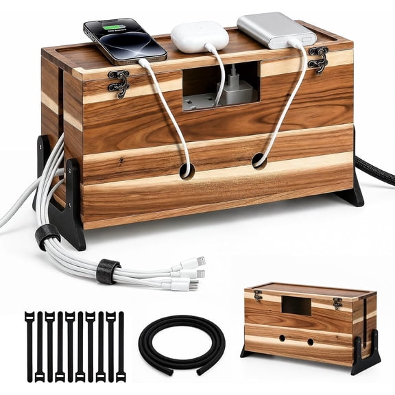 Acacia Management Box, 14.2" Cord Hider Box with Safety Lock, Under Desk Power Strip Cover & TV Extension Cord Organizer with Sleeve & Ties, for Floor & Office