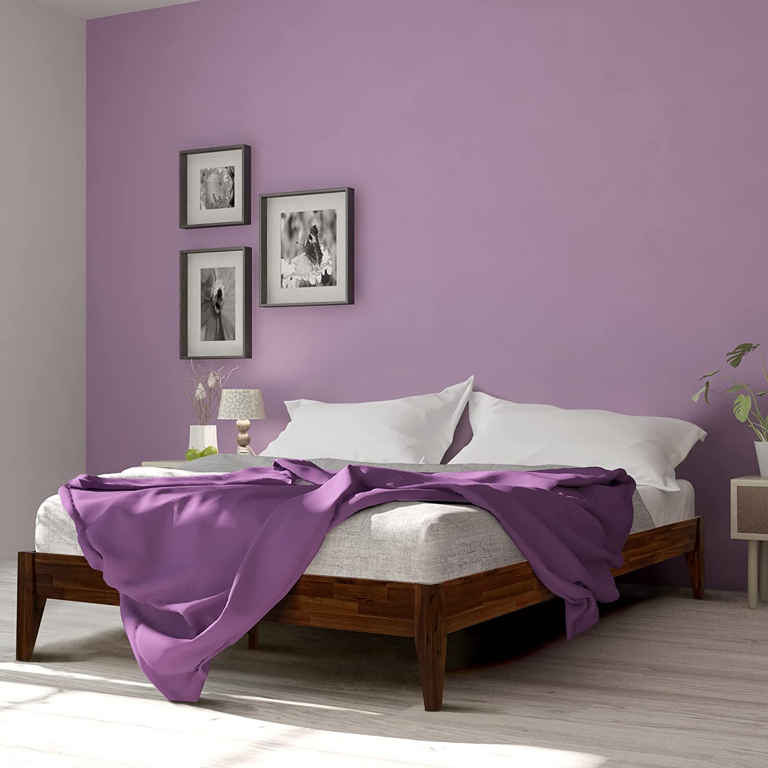 Acacia Mervyn Wooden Bed Frame with Headboard, Solid Wood Platform Bed