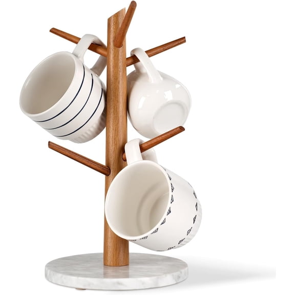 Acacia  Mug Tree, Marble Base | Coffee Mug Tree for Counter, Mug Holder Tree with 6 Hooks for Kitchen Coffee Bar, Mug Organize,Weighted Base,Non-Slip Pads