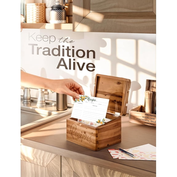 Acacia Recipe Box with Recipe Cards 4x6 - Wooden Box with Dual Slot, 2 Compartment - Comes with 100 Index Card 4x6, 8 Dividers - 2in1 Recipe Slot and Smartphone Holder - No Assembly Required