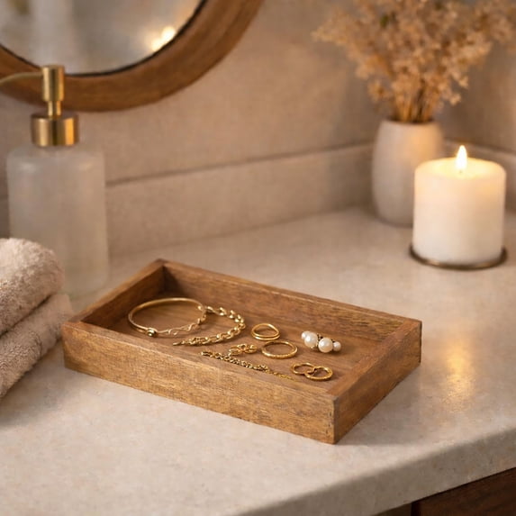 Evideco French Home Goods Acacia Solid Print Modern Serene Acacia Bathroom Tray