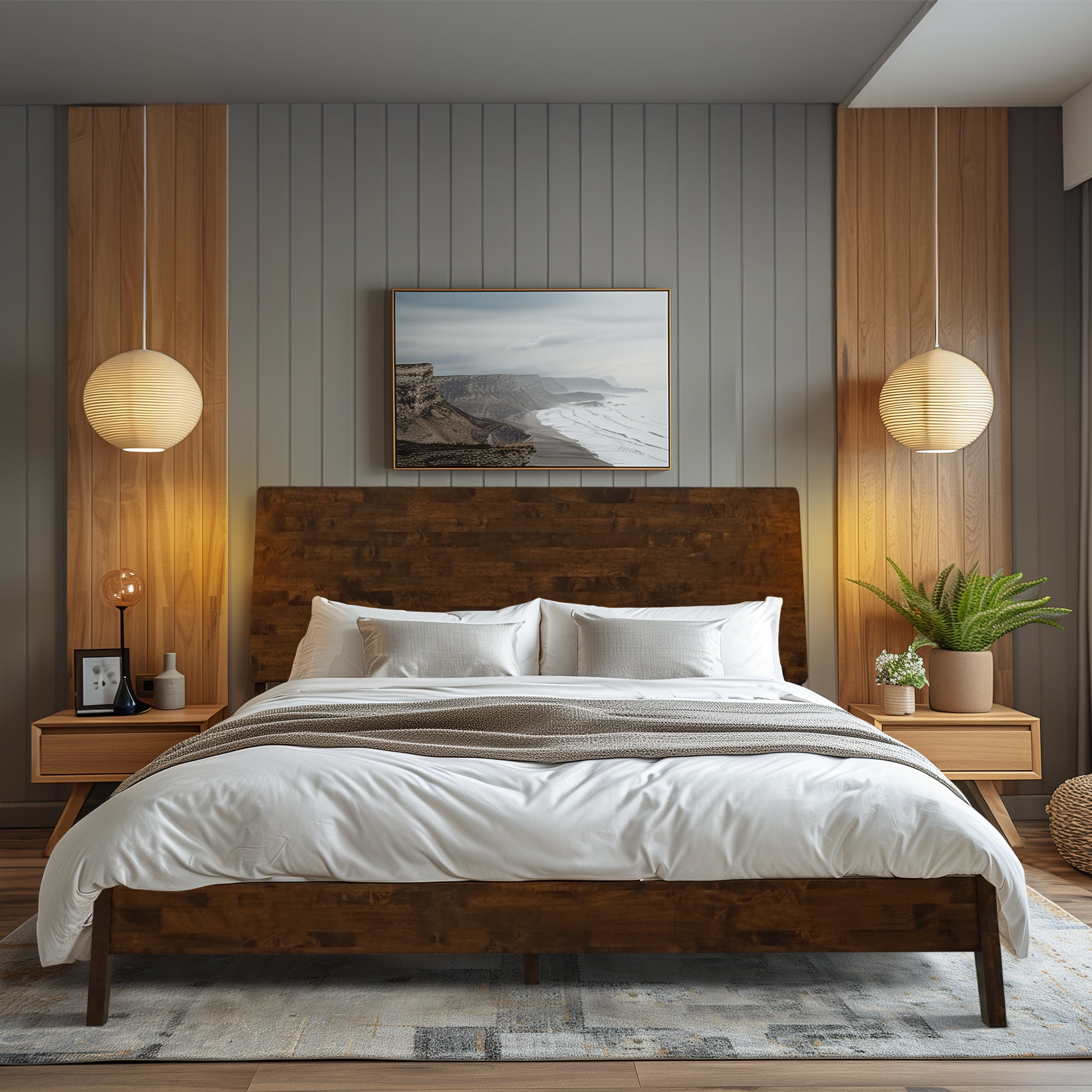 Walnut Queen Solid Wood Bed Frame with High Headboard