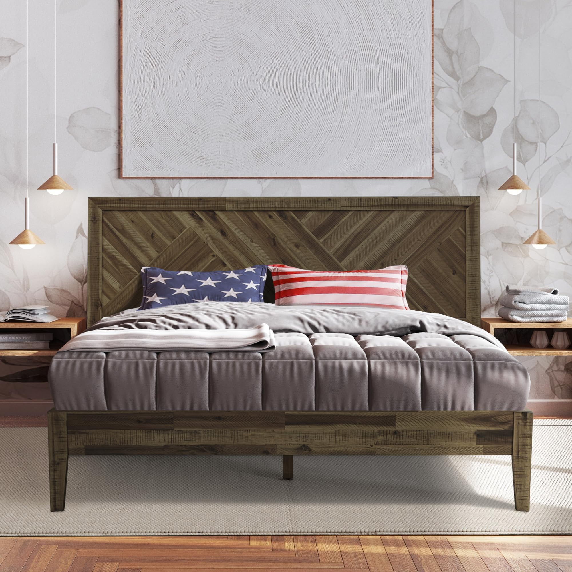 Acacia Sierra Queen Bed Frame and Headboard Solid Wood Platform Bed Adjustable Headboard King Bed Frame Farmhouse Wood Bed Compatible with All