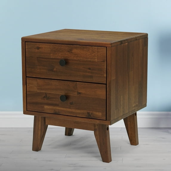 Acacia Silvia Solid Wood 2-Drawer Nightstand – Mid-century Bedside Table, Chocolate