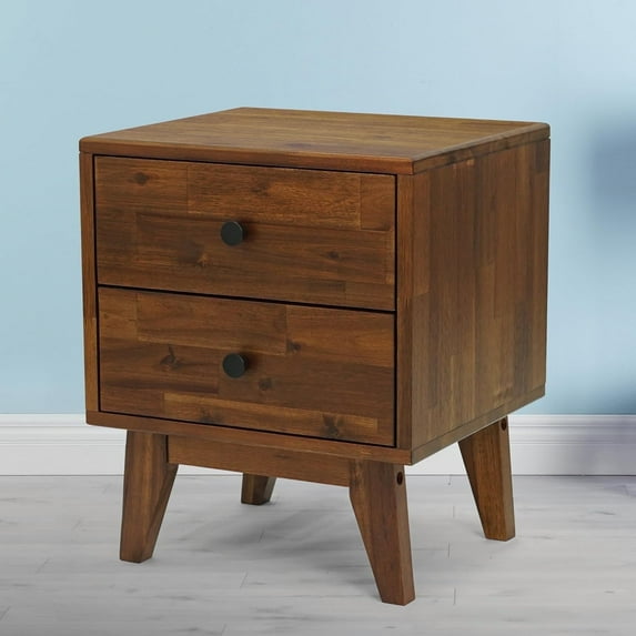 Acacia Silvia Solid Wood 2-Drawer Nightstand – Mid-century Bedside Table, Walnut