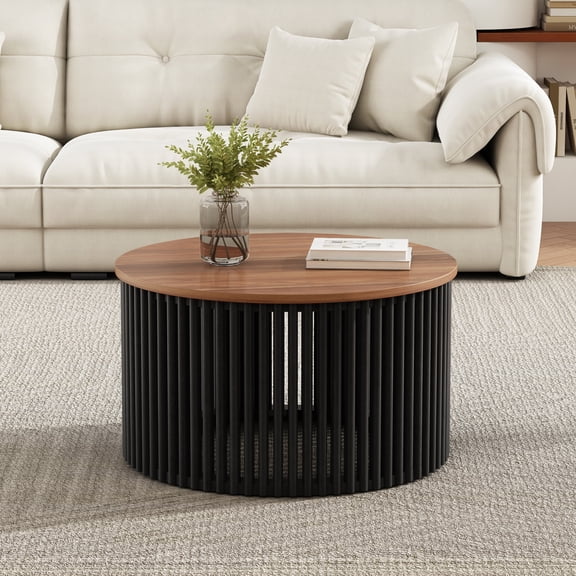 Acacia Solid Wood Round Coffee Table with Black Base for Living Room, Natural Wood Top Modern Accent Table Indoor Outdoor Use