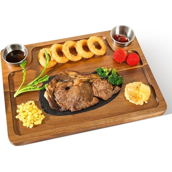 Acacia Steak Plates - Steak Plate Board 2 Sauce Cups for Meat Cheese Appetizers, Serving Board, Charcuterie Board Platter for Housewarming, Christmas, Mother's Day