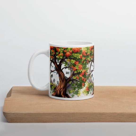 Acacia Time - Floral Clock , Generic, Ceramic, Coffee, Tea, White Glossy Mug