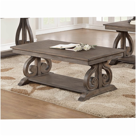 Acacia Veneer Coffee Table with Bottom Shelf, Traditional Dark Oak Cocktail Table with Scrollwork
