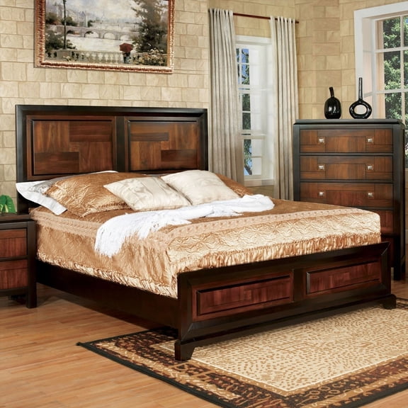 Queen Size Bed in Transitional Style - Acacia / Walnut Solidwood - 1pc Bedroom Furniture - Parquet Design