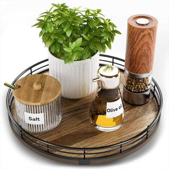 Acacia Wood 10" Lazy Susan Turntable Organizer for Table Top, Farmhouse Round Wooden Lazy Susan for Cabinet Kitchen Centerpieces Coffee Table, for Condiments Spices, Bathroom Vanity Tray Decor