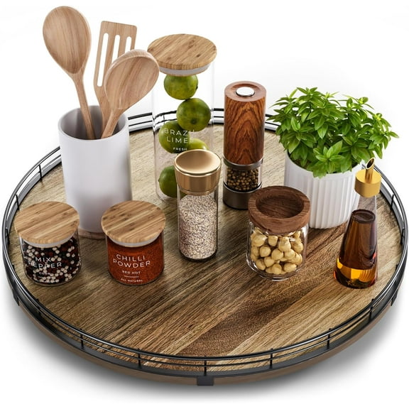 Wood 18" Lazy Susan Turntable Organizer for Table Top, Farmhouse Large Round Lazy Susan for Cabinet Kitchen Centerpieces Dining Table, for Condiments Charcuterie, Bathroom Vanity Tray Decor