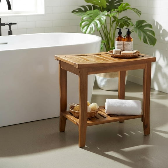 Acacia Wood 2-Tier Shower Bench Spa Stool with Storage and Non-Skid Feet Oak