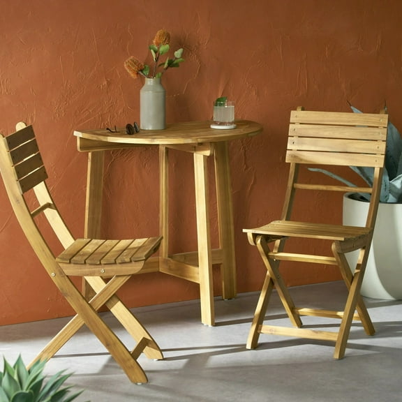 Acacia Wood 3 Piece Half Round Folding Bistro Set for Small Patios and Balconies, Natural Finish Outdoor Furniture