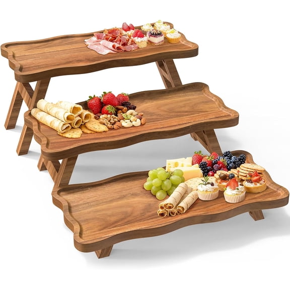 Acacia Wood 3 Tier Cupcake Stand, Serving Tray for Party, Foldable Dessert Table Display Set, Tiered Decor Birthday, Wedding, Christmas
