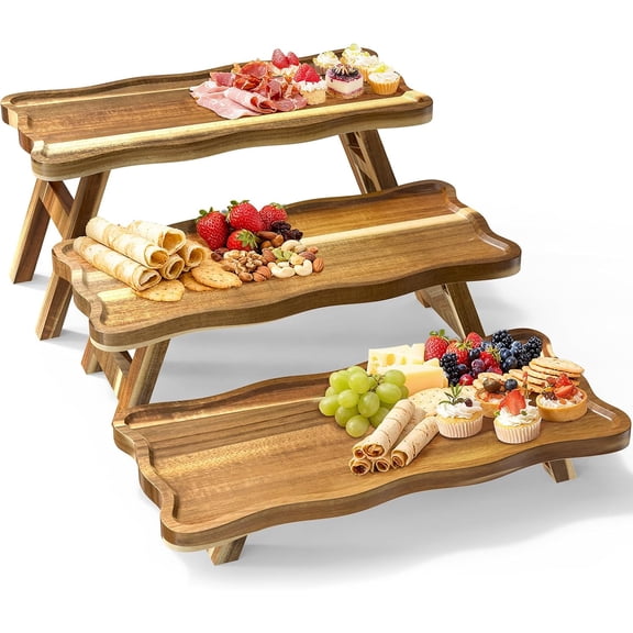 Acacia Wood 3 Tier Cupcake Stand, Serving Tray for Party, Foldable Dessert Table Display Set, Tiered Tray for Party, Birthday, Wedding