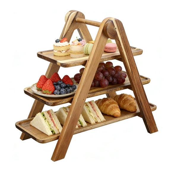 Acacia Wood 3 Tier Wooden Serving Tray - Foldable Three Tiered Stand for Charcuterie Boards, Desserts, Party Afternoon Tea Wedding Kitchen Decor, Easy Storage