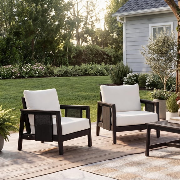 Acacia Wood 4-Piece Outdoor Conversation Set with White Cushions and Slate Gray Textilene Patio Sofa, Chairs Coffee Table
