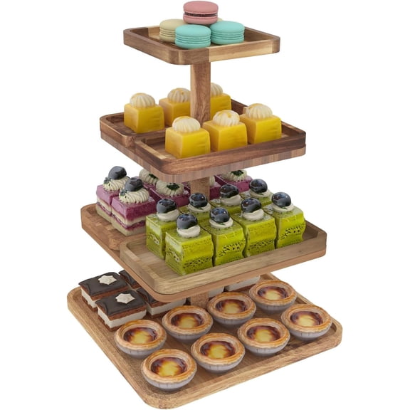 Acacia Wood 4 Tier Cupcake Stand with 4 Removable Snack Tray, Rustic Square Cup Cake Tower Stand for 50 Cupcakes, Display Cakestand for Wedding, Birthday, Serving Tea Party, Natural