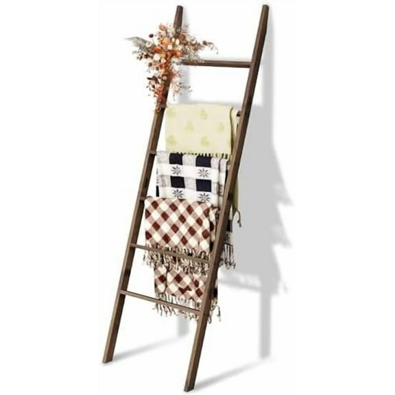 Acacia Wood 6-Tier Blanket Ladder, 5.7FT(66.5'') Blanket Quilt Towel Holder Rack Decorative Ladder Wooden, Easy Assembly, Rustic Farmhouse Ladder Shelf for the Living Room Bedroom Bathroom Home Decor