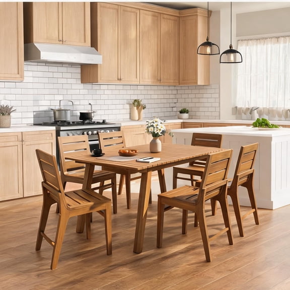 Acacia Wood 7-Piece Outdoor Dining Set for Patios, 69-Inch Table and 6 Chairs, Teak Finish
